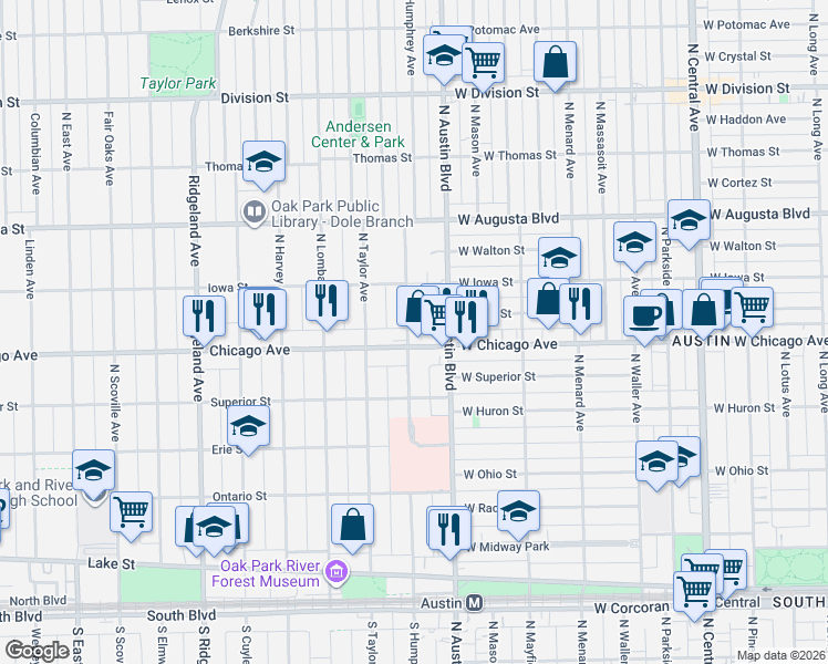 map of restaurants, bars, coffee shops, grocery stores, and more near 510 North Humphrey Avenue in Oak Park