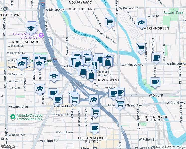 map of restaurants, bars, coffee shops, grocery stores, and more near 950 West Huron Street in Chicago