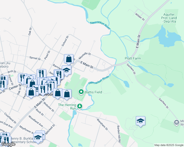 map of restaurants, bars, coffee shops, grocery stores, and more near 31 Massachusetts 105 in Middleborough