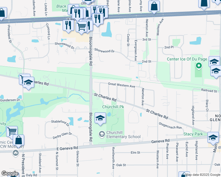 map of restaurants, bars, coffee shops, grocery stores, and more near 915 Arnold Avenue in Glen Ellyn