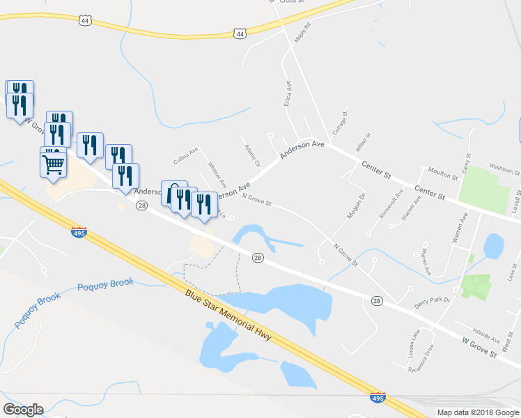 map of restaurants, bars, coffee shops, grocery stores, and more near 102 North Grove Street in Middleborough