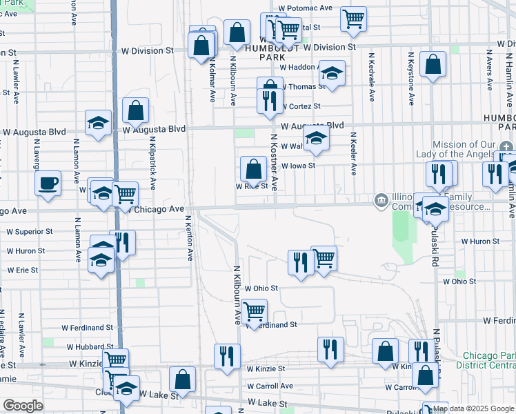 map of restaurants, bars, coffee shops, grocery stores, and more near 4443 West Chicago Avenue in Chicago