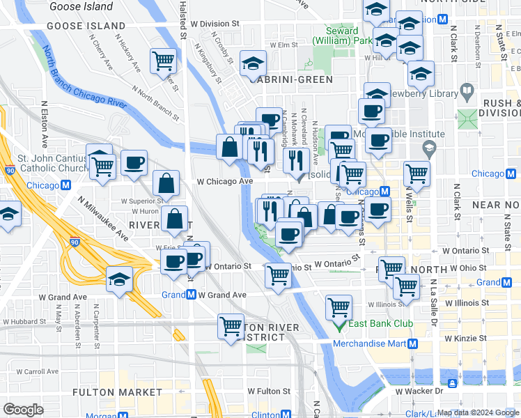map of restaurants, bars, coffee shops, grocery stores, and more near 720 North Larrabee Street in Chicago