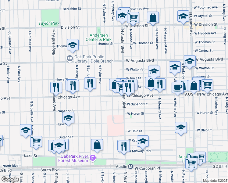 map of restaurants, bars, coffee shops, grocery stores, and more near 40 Chicago Avenue in Oak Park