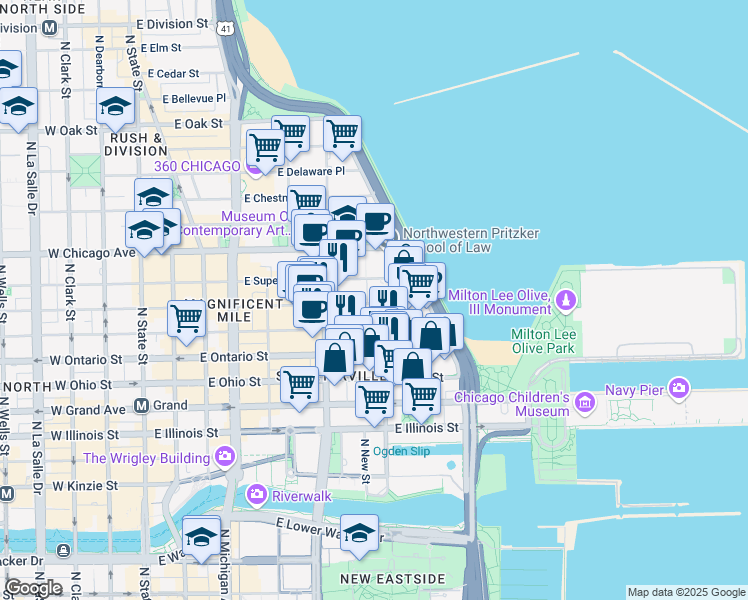 map of restaurants, bars, coffee shops, grocery stores, and more near 300 East Huron Street in Chicago