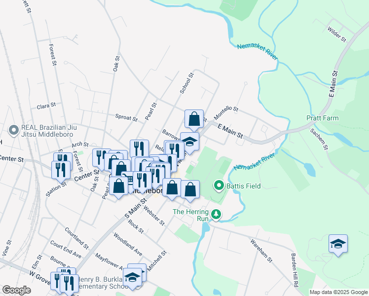 map of restaurants, bars, coffee shops, grocery stores, and more near 210 North Main Street in Middleborough