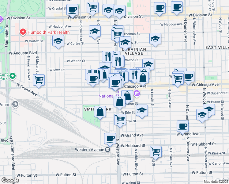 map of restaurants, bars, coffee shops, grocery stores, and more near 736 North Western Avenue in Chicago