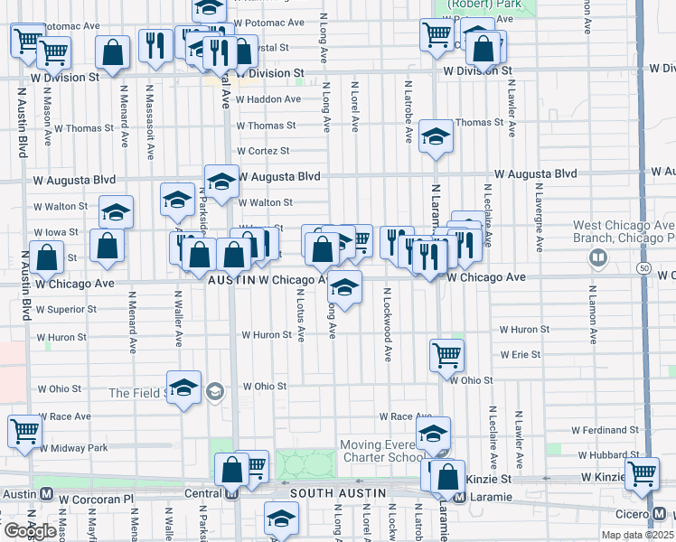 map of restaurants, bars, coffee shops, grocery stores, and more near in Chicago