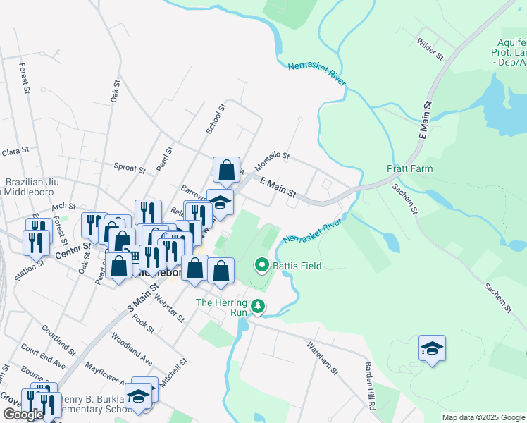map of restaurants, bars, coffee shops, grocery stores, and more near 13 Coombs Street in Middleborough