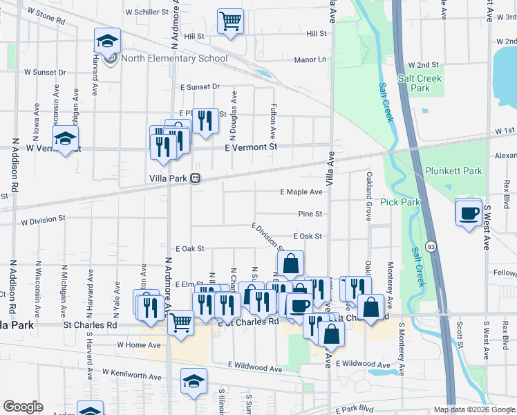 map of restaurants, bars, coffee shops, grocery stores, and more near 309 North Summit Avenue in Villa Park
