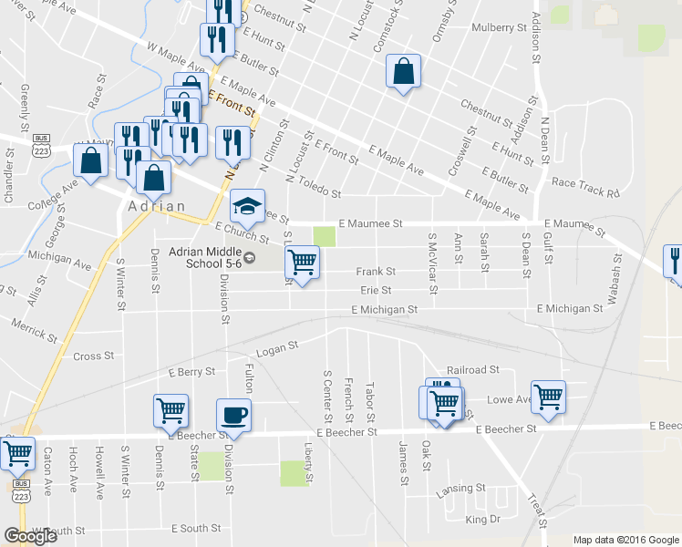 map of restaurants, bars, coffee shops, grocery stores, and more near 518 Frank Street in Adrian