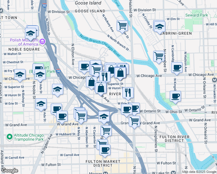 map of restaurants, bars, coffee shops, grocery stores, and more near 925 West Huron Street in Chicago