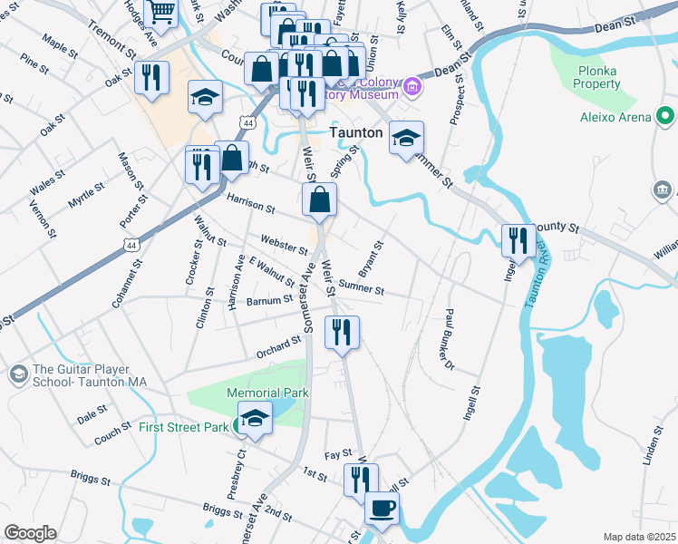 map of restaurants, bars, coffee shops, grocery stores, and more near 249 Weir Street in Taunton
