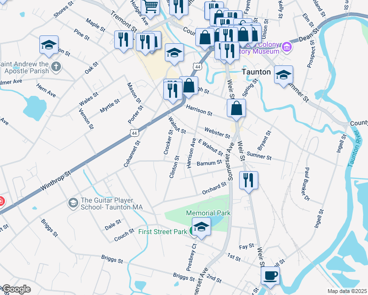 map of restaurants, bars, coffee shops, grocery stores, and more near 30 Harrison Avenue in Taunton