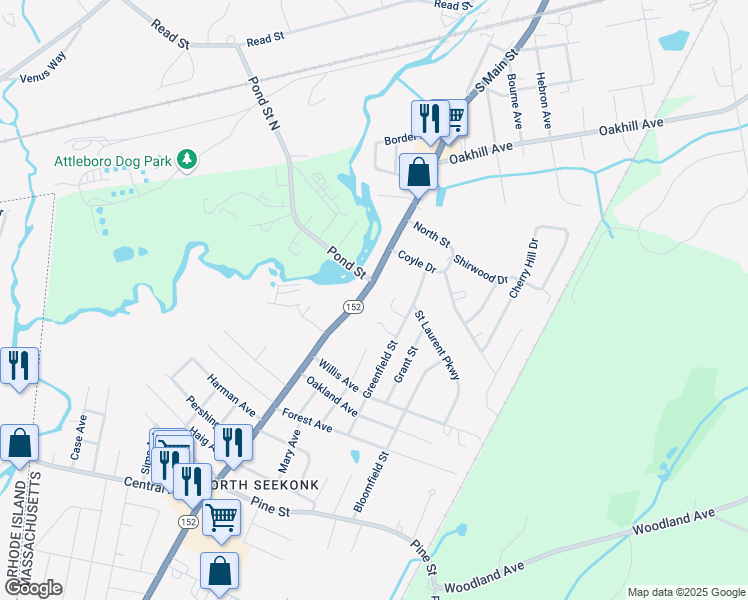map of restaurants, bars, coffee shops, grocery stores, and more near 399 Central Avenue in Seekonk