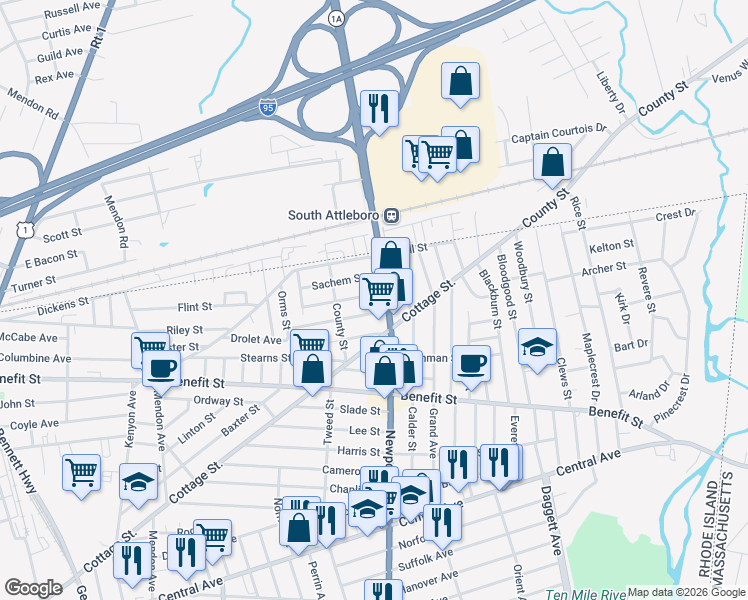 map of restaurants, bars, coffee shops, grocery stores, and more near 118 Dawson Street in Pawtucket