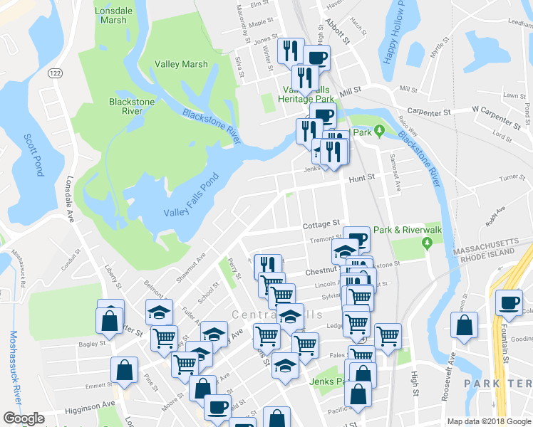 map of restaurants, bars, coffee shops, grocery stores, and more near 14 Hawley Street in Central Falls