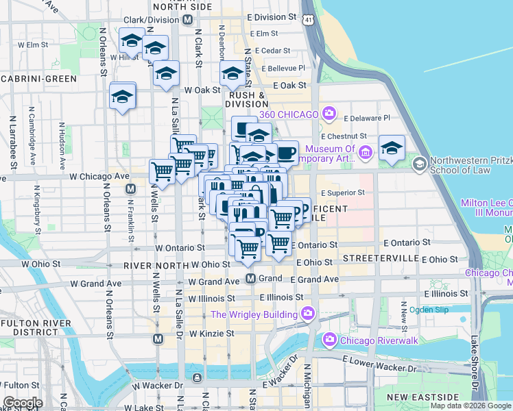 map of restaurants, bars, coffee shops, grocery stores, and more near 700 North State Street in Chicago