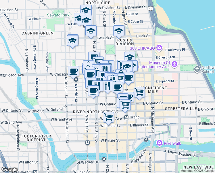 map of restaurants, bars, coffee shops, grocery stores, and more near 665 North Clark Street in Chicago