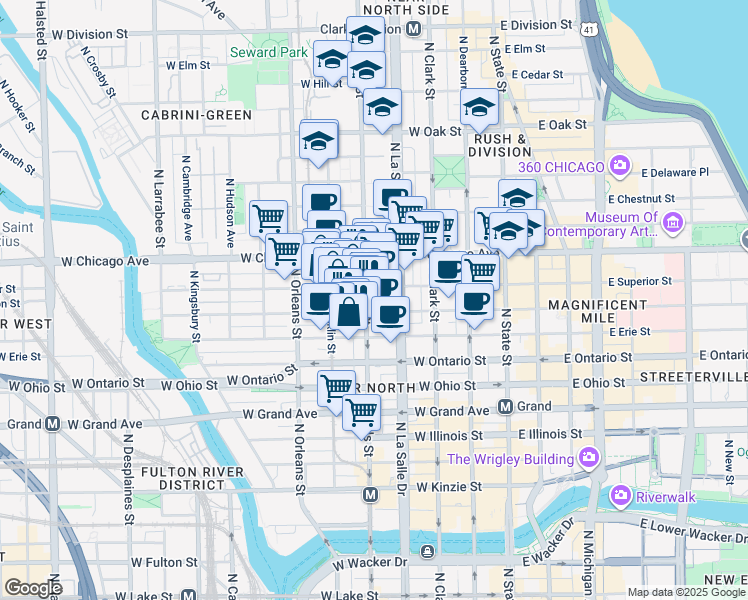 map of restaurants, bars, coffee shops, grocery stores, and more near 702 North Wells Street in Chicago