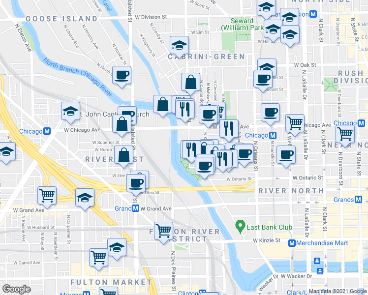 map of restaurants, bars, coffee shops, grocery stores, and more near 720 North Larrabee Street in Chicago