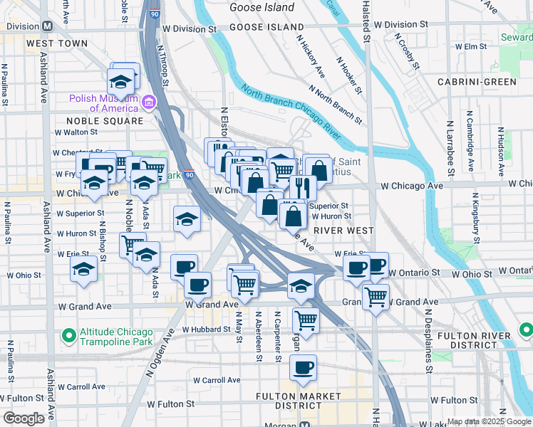 map of restaurants, bars, coffee shops, grocery stores, and more near 731 North Carpenter Street in Chicago