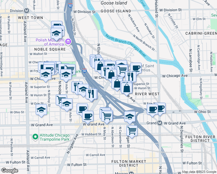 map of restaurants, bars, coffee shops, grocery stores, and more near 723 North Ogden Avenue in Chicago