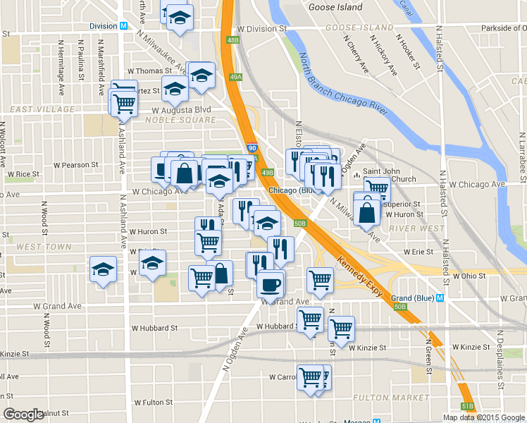 map of restaurants, bars, coffee shops, grocery stores, and more near 718 North Willard Court in Chicago