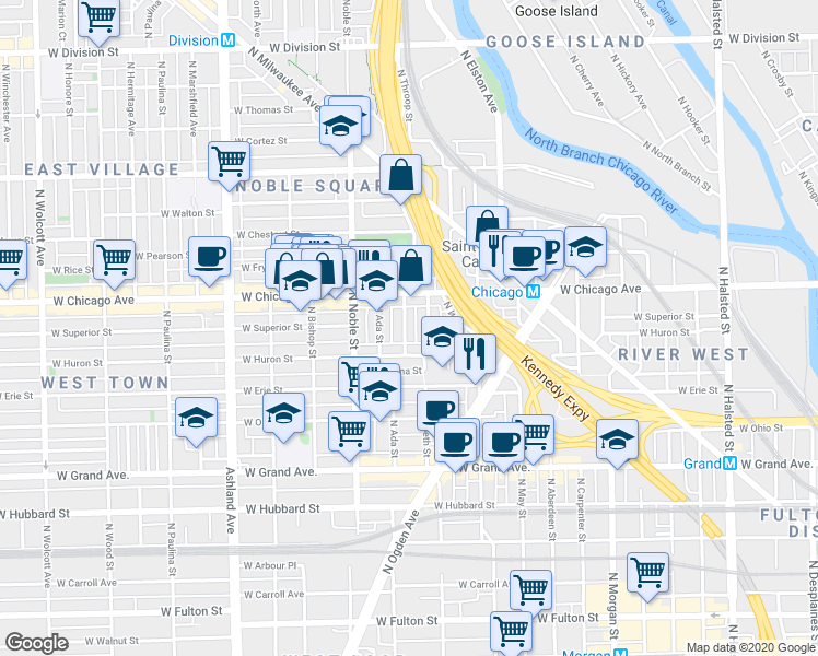 map of restaurants, bars, coffee shops, grocery stores, and more near 721 North Throop Street in Chicago