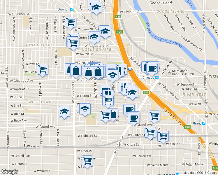 map of restaurants, bars, coffee shops, grocery stores, and more near 720 North Ada Street in Chicago