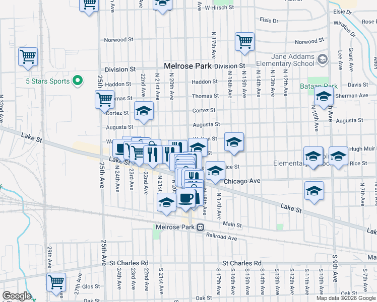 map of restaurants, bars, coffee shops, grocery stores, and more near in Melrose Park