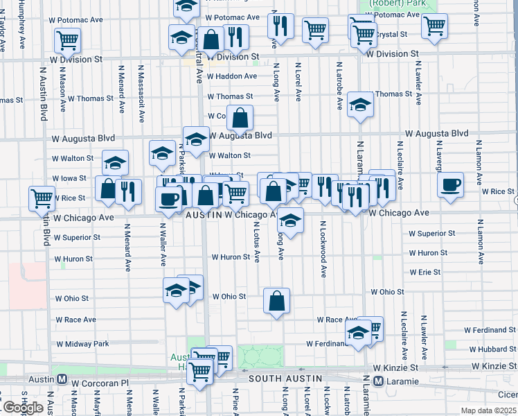 map of restaurants, bars, coffee shops, grocery stores, and more near 5430 West Chicago Avenue in Chicago