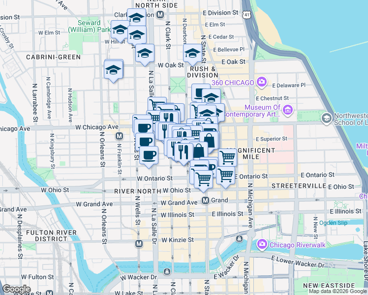 map of restaurants, bars, coffee shops, grocery stores, and more near in Chicago