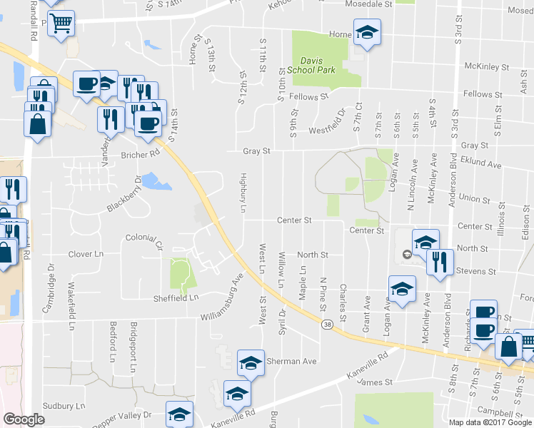 map of restaurants, bars, coffee shops, grocery stores, and more near 603 West Lane in Geneva