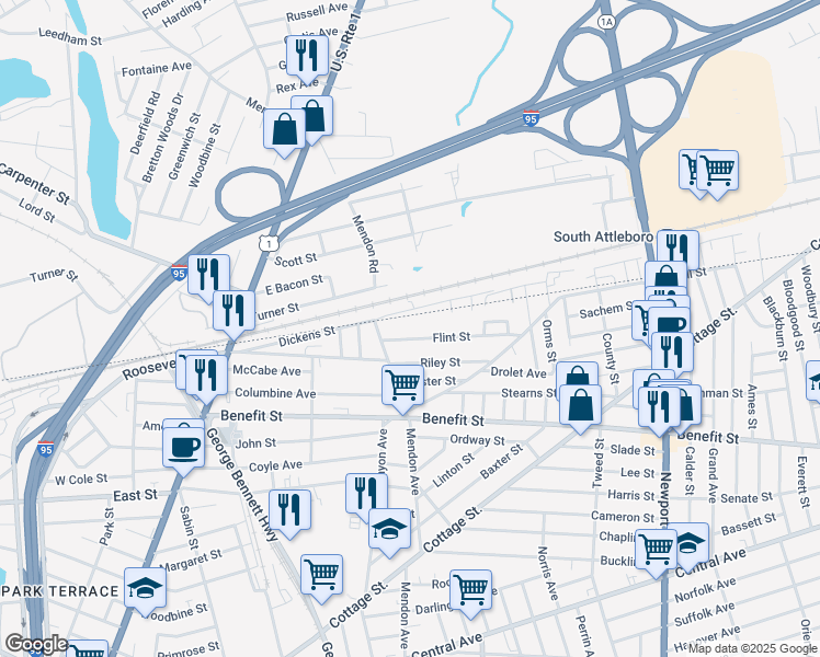 map of restaurants, bars, coffee shops, grocery stores, and more near 34 Flint Street in Pawtucket