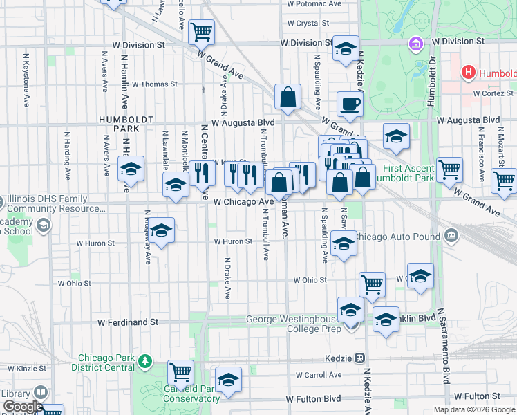 map of restaurants, bars, coffee shops, grocery stores, and more near 745 North Trumbull Avenue in Chicago