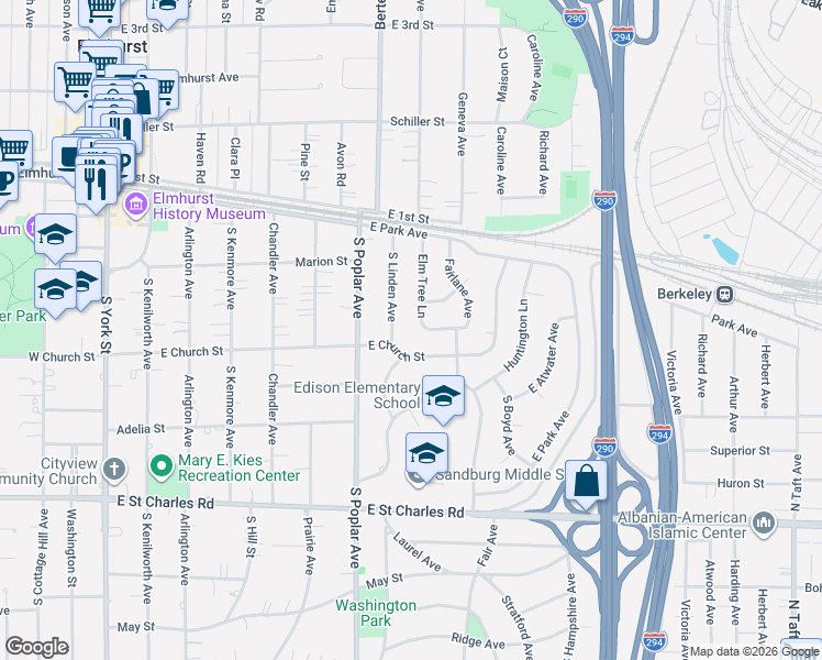 map of restaurants, bars, coffee shops, grocery stores, and more near 199 South Linden Avenue in Elmhurst