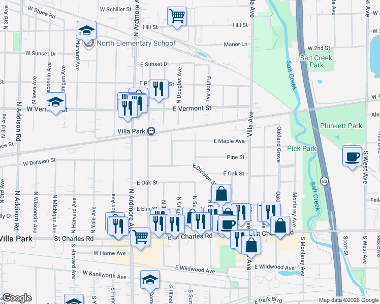 map of restaurants, bars, coffee shops, grocery stores, and more near 309 North Summit Avenue in Villa Park
