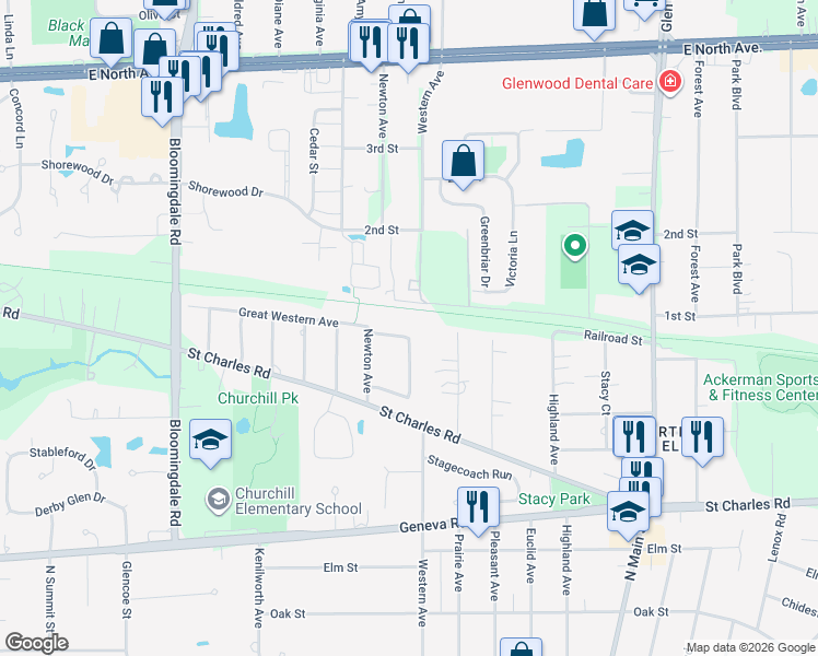 map of restaurants, bars, coffee shops, grocery stores, and more near 945 Winslow Circle in Glen Ellyn
