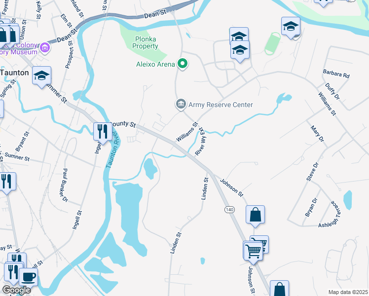 map of restaurants, bars, coffee shops, grocery stores, and more near 210 County Street in Taunton