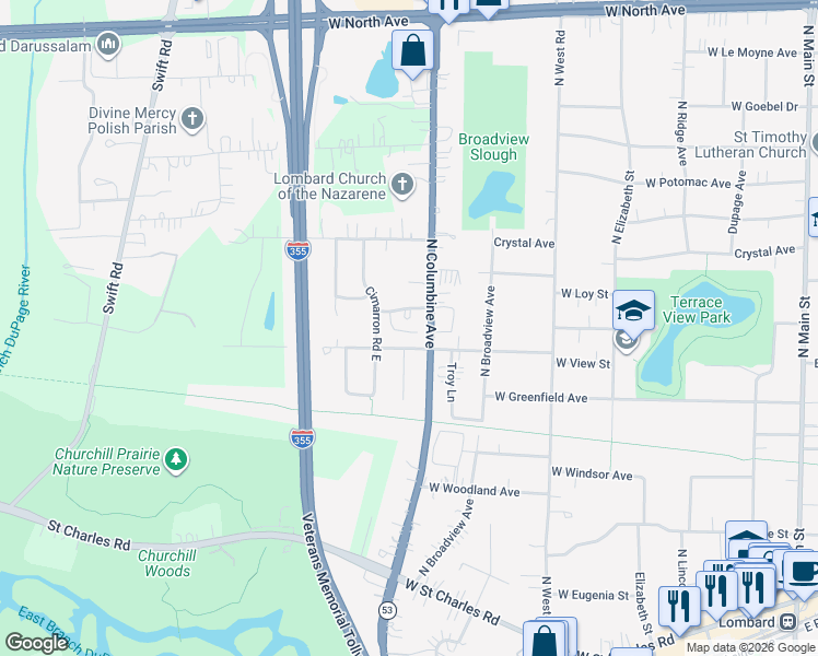 map of restaurants, bars, coffee shops, grocery stores, and more near 611 Glenwood Ln in Lombard