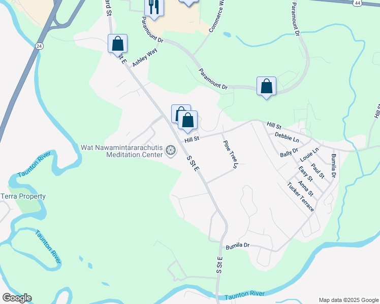 map of restaurants, bars, coffee shops, grocery stores, and more near 359 South Street East in Raynham