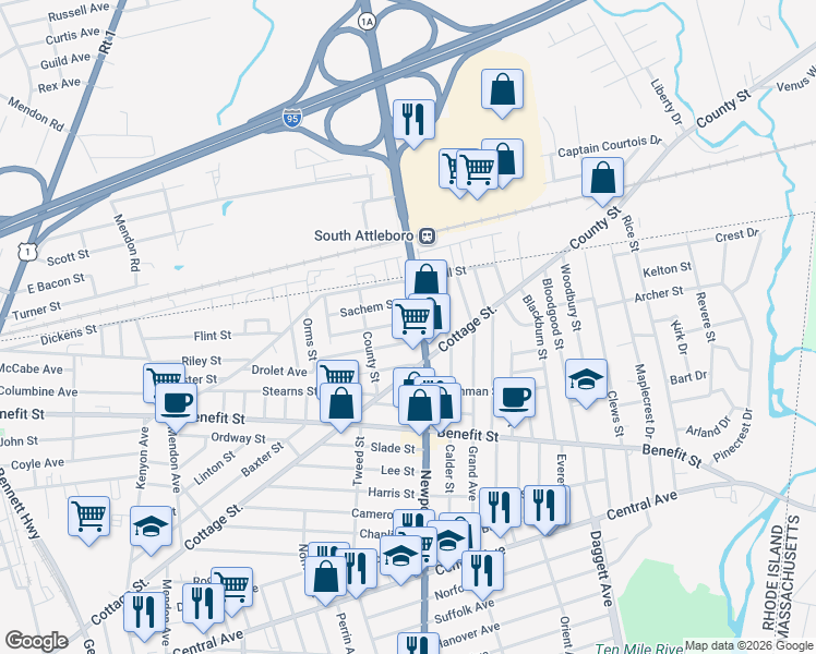 map of restaurants, bars, coffee shops, grocery stores, and more near 118 Dawson Street in Pawtucket