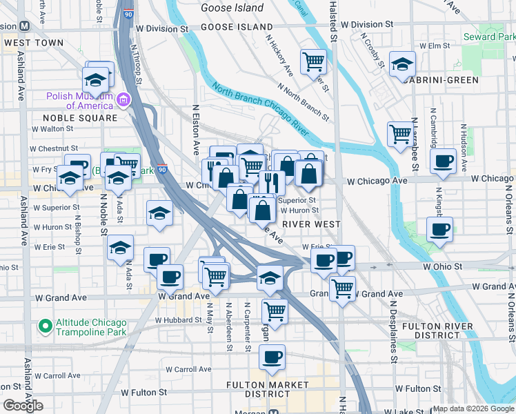 map of restaurants, bars, coffee shops, grocery stores, and more near 957 West Huron Street in Chicago