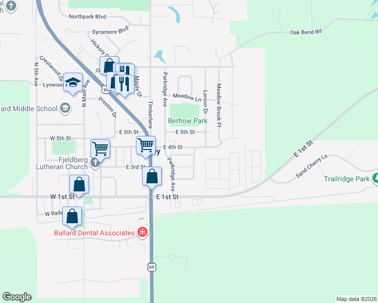 map of restaurants, bars, coffee shops, grocery stores, and more near 533 Prairie Ridge Drive in Huxley