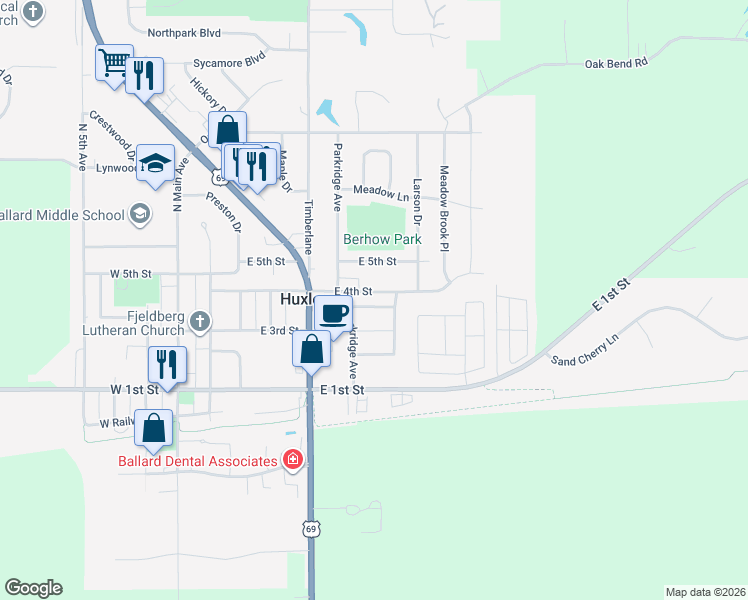 map of restaurants, bars, coffee shops, grocery stores, and more near 510 Prairie Ridge Drive in Huxley