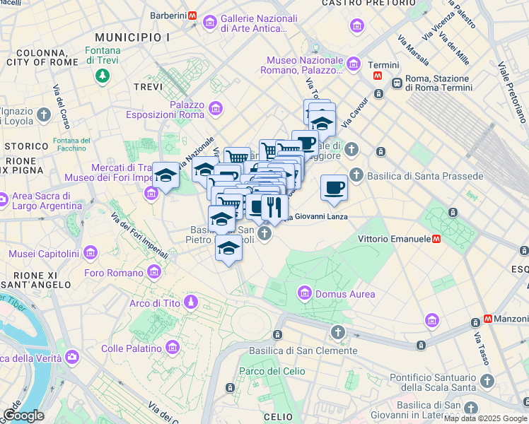 map of restaurants, bars, coffee shops, grocery stores, and more near 201 Via Cavour in Roma