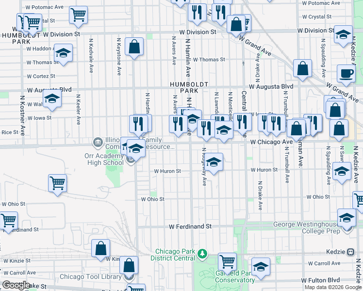 map of restaurants, bars, coffee shops, grocery stores, and more near 3817 West Chicago Avenue in Chicago