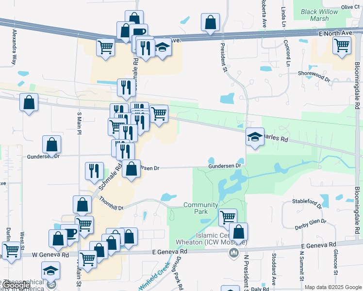 map of restaurants, bars, coffee shops, grocery stores, and more near 585 Gundersen Drive in Carol Stream