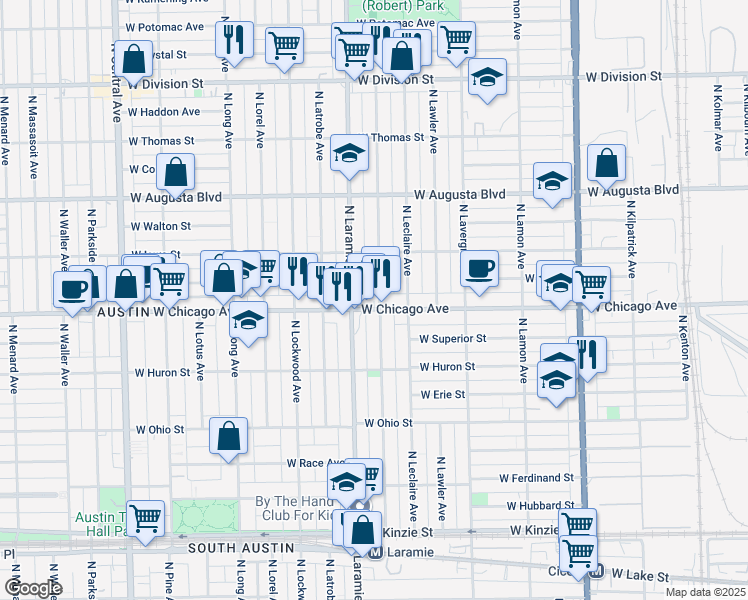 map of restaurants, bars, coffee shops, grocery stores, and more near 5134 West Chicago Avenue in Chicago